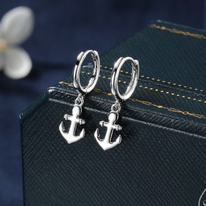 Anchor Huggie Hoop Earrings in Sterling Silver, Silver or Gold or Rose Gold, Tiny Anchor Earrings, Nautical Ocean Theme Earrings