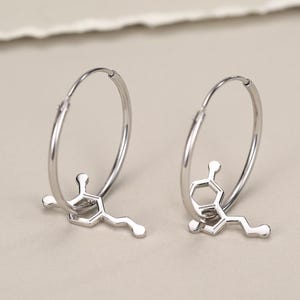 May include: A pair of silver hoop earrings, each featuring a small, dangling charm shaped like a chemical molecular structure. The hoops are thin and circular, with the metallic molecular pendants hanging from the bottom of each earring loop.