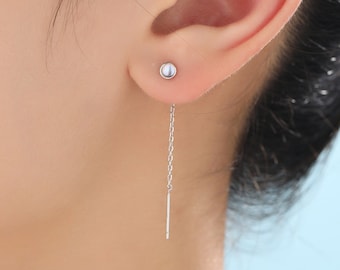 4mm Simulated Moonstone Dot Threader Earrings in Sterling Silver, Lab Moonstone Pull Through Ear Threaders, Silver or Gold, Chain Earrings