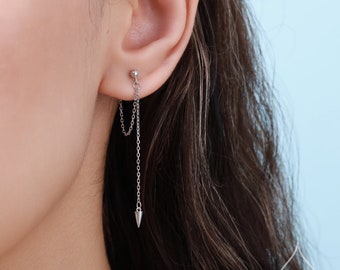 Dangling Spike Chain Drop Stud Earrings in Sterling Silver