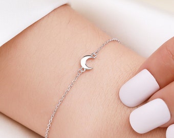 Pulsera extra pequeña de luna creciente en plata de ley, pulsera de luna de plata única, joyería de luna, luna y estrella