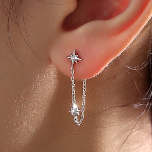 Pendientes colgantes de cadena con circonitas Starburst en plata de ley, plata, oro u oro rosa, pendientes de estrella del norte, pendientes de estrella Ear Jacket