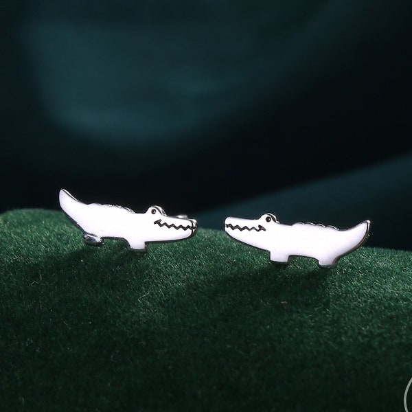 Super Cute Crocodile Alligator Stud Earrings in Sterling Silver - Animal Stud Earrings  - Cute Gator, Caiman Jewellery