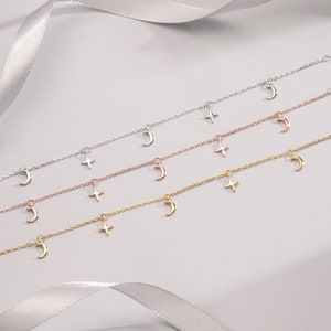 Sterling Silver Moon and Star Bracelet, Silver or Gold or Rose gold, Moon and Star Charm Bracelet, Celestial Jewellery