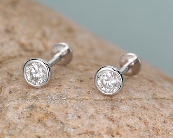 Sterling Silver 4mm Round Moissanite Bezel 16G Flat Back Labret Earrings