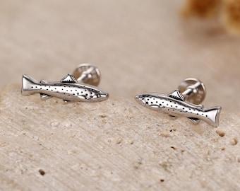 Sterling Silver Trout 16G Internally Threaded Flat Back Earrings, Animal Earrings