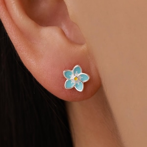 Dainty Forget-me-not Enamel Stud Earrings in Sterling Silver,  Flower Earrings, Blue Blossom Earrings, Forget me not earrings