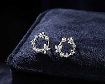 Boucles d'oreilles couronne de petites fleurs en argent sterling - Boucles d'oreilles papillon et fleur en argent sterling, or ou or rose