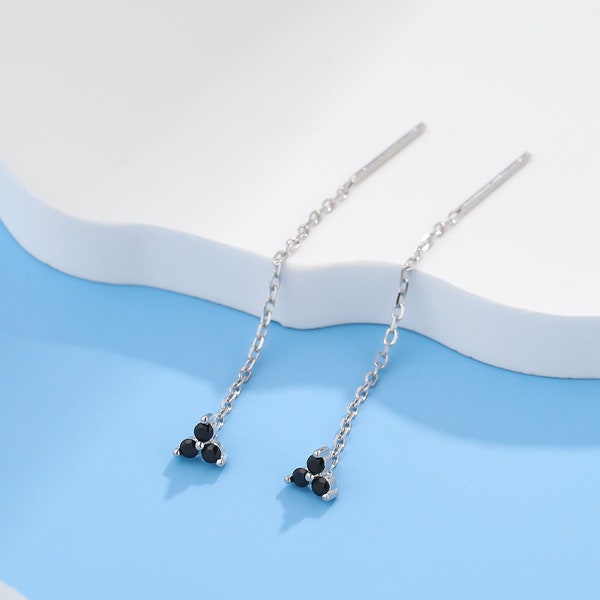 Black CZ Trio Flower Threader Earrings in Sterling Silver, Silver or Gold, Three Dot Crystal Ear Threaders, Flower CZ Earrings