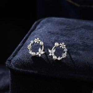 Sterling Silver Tiny Flower Wreath Stud Earrings - Silver or Gold or Rose Gold, CZ Circle Flower and Butterfly Stud Earrings