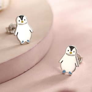 Tiny Baby Penguin Bird Stud Earrings in Sterling Silver, Fun Quirky and Whimsical Jewellery