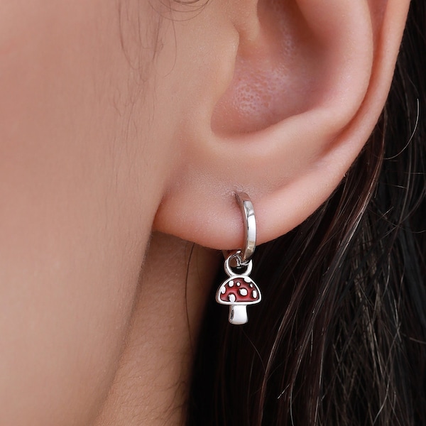 Dangling Mushroom Huggie Hoops in Sterling Silver, Silver or Gold , Mushroom Huggies, Mushroom Earrings, Detachable and Interchangeable