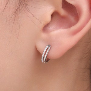 Boucles d'oreilles doubles Huggie Hoop CZ en argent sterling, Créoles géométriques CZ, argent, or ou or rose, 10 mm, créoles minimalistes