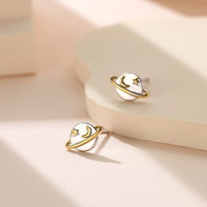 Little Planet Stud Earrings in Sterling Silver, Moon and Star Planet Stud, Saturn Earrings, Celestial Jewellery