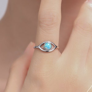 Sterling Silver Aqua Green Opal Eye Ring, Simulated Opal Evil Eye Ring, Adjustable Size