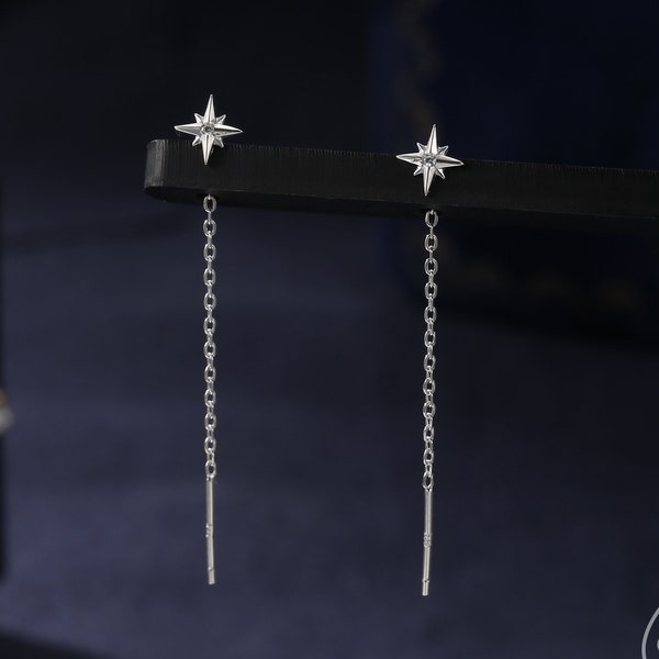 Extra Tiny CZ Starburst Threader Earrings in Sterling Silver, Silver or Gold, North Star Ear Threaders, Star Threaders, Chain Earrings
