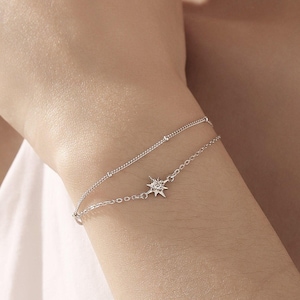 Starburst Two Layer Bracelet in Sterling Silver, Silver or Gold or Rose Gold, Double Layer Star Bracelet, Starburst Duo Layer Bracelet
