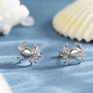 Puede incluir: Un par de pendientes de botón de cangrejo plateados. Los pendientes están detallados con características de cangrejo y están colocados sobre un fondo azul con una concha y coral.