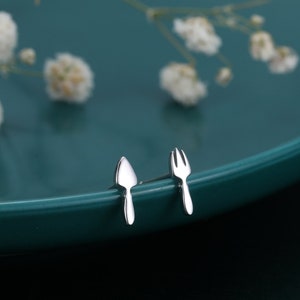 Mismatched Gardeners Tools Stud Earrings in Sterling Silver, Trowel and Garden Fork Asymmetric Earrings, Very Tiny Earrings, image 1