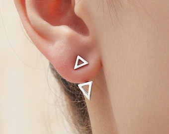 Double Triangle Ear Jacket in Sterling Silver,  Silver or Gold or Rose Gold, Cut Out Triangle Jacket Earrings, Front and Back Earrings