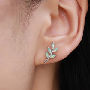 Small Green Opal Leaf Stud Earrings in Sterling Silver, Silver or Gold, Olive Leaf Earrings with Lab Opal, Opal Leaf Earrings