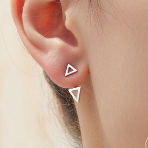 Double Triangle Ear Jacket in Sterling Silver,  Silver or Gold or Rose Gold, Cut Out Triangle Jacket Earrings, Front and Back Earrings
