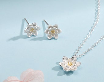 Sterling Silver Water lily Lotus Flower Blossom Stud Earrings and Necklace with Partial 18ct Gold Plating, Sweet Cute Pretty Jewellery