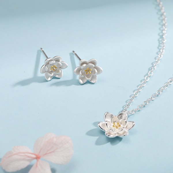 Sterling Silver Water lily Lotus Flower Blossom Stud Earrings and Necklace with Partial 18ct Gold Plating, Sweet Cute Pretty Jewellery