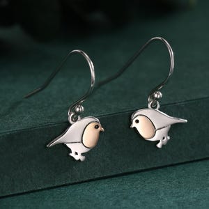 Robin Bird Drop Hook Earrings in Sterling Silver, Silver Animal Earrings, Nature Inspired Jewellery