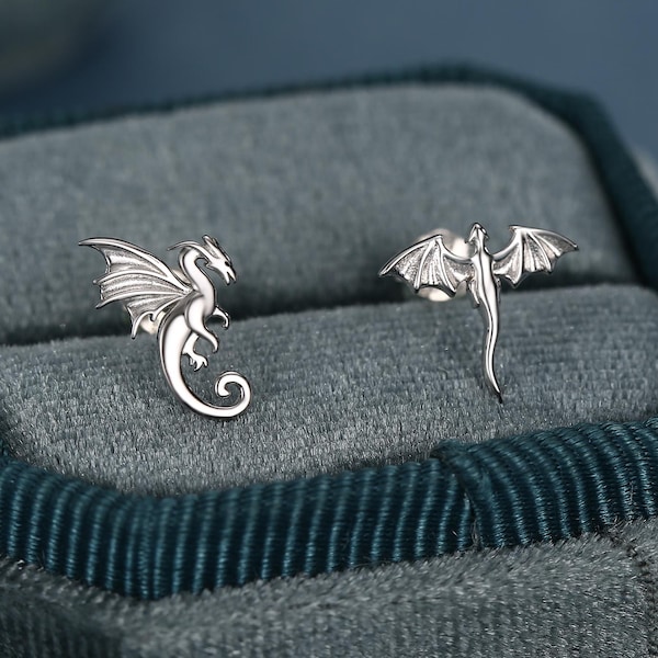 Extra Tiny Mismatched Dragon Stud Earrings in Sterling Silver, Silver or Gold or Rose Gold, Asymmetric Dragon Stud Earrings