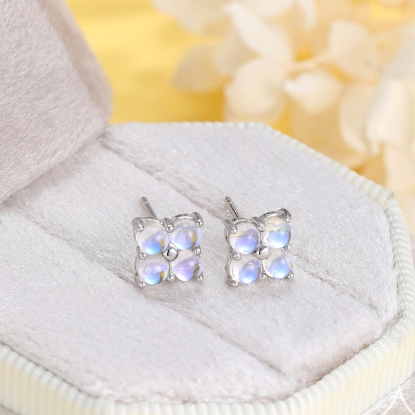 Moonstone Hydrangea Stud Earrings in Sterling Silver - Gold or Silver - Lab Moonstone Flower Earrings, Four Simulated Moonstone Stud