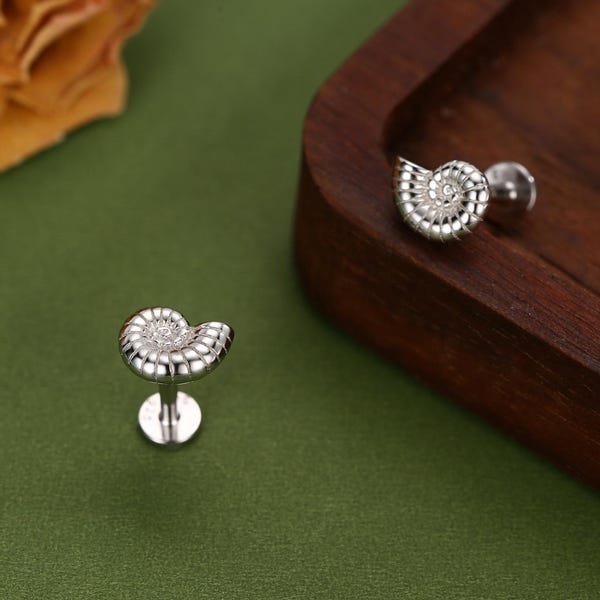 Sterling Silver Ammonite 16G Flat Back Labret Earrings