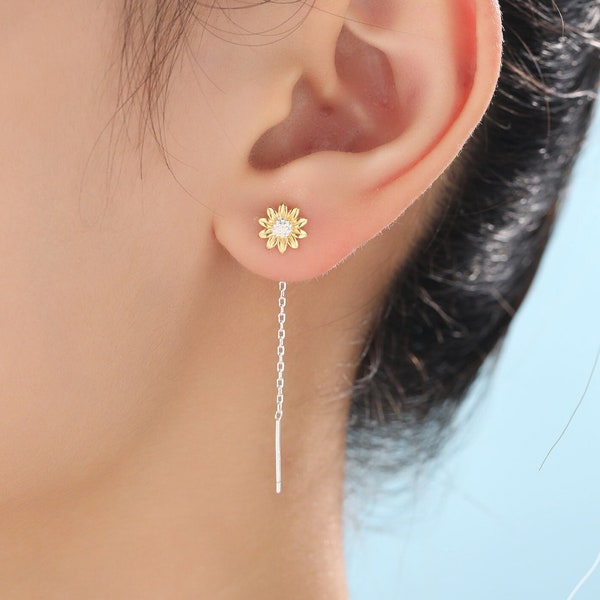 Sunflower Threader Earrings in Sterling Silver, Sunflower with Dangle Chain Earrings,  SunFlower Pull Through Chain Earrings
