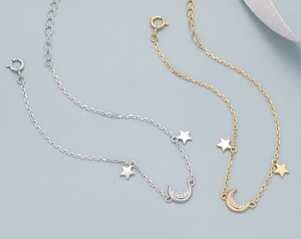 Sterling Silver CZ Moon and Star Bracelet, Silver or Gold, Moon and Star Charm Bracelet, Celestial Jewellery