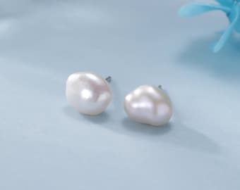 Genuine Fresh Water Pearls Drop Stud Earrings in Sterling Silver, Baroque Pearl, Keshi Pearl Earrings, Simple and Minimalist, Contemporary