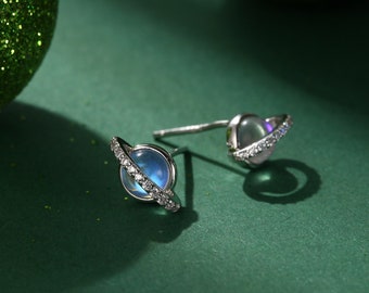 Moonstone and CZ Halo Planet Stud Earrings in Sterling Silver, Lab Moonstone Planet Earrings, Moonstone Saturn Earrings