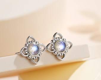 Sterling zilveren vintage geïnspireerde Moonstone Stud Oorbellen, zeemeermin kleur oorbellen, gesimuleerde Moonstone glazen oorbellen, minimalistisch