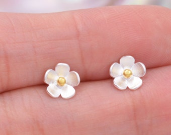 Sterling Silver Forget-me-not Flower Stud Earrings, Nature Inspired Blossom Earrings, Cute and Quirky