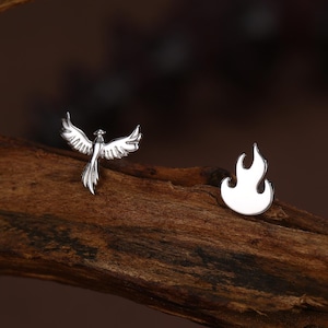 Mismatched Sterling Silver Phoenix and Fire Stud Earrings, Asymmetric Fire and Phoenix Bird Earrings, Cute Fun Quirky,