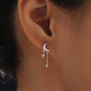 Moon and Dangling Star Stud Earrings in Sterling Silver, Moon and Star Earrings in Sterling Silver, Silver, Gold or Rose Gold