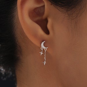 Moon and Dangling Star Stud Earrings in Sterling Silver, Moon and Star Earrings in Sterling Silver, Silver, Gold or Rose Gold