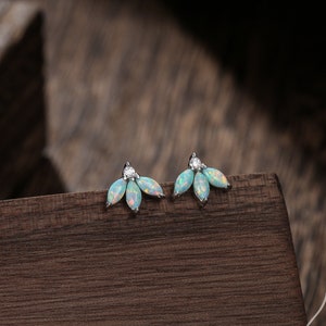 Sterling Silver Aqua Green Opal Marquise Cluster CZ Stud Earrings, Marquise Fan Stud, Blue Opal Crown Stud, Gold or Silver, Minimalist