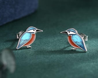Sterling Silver Kingfisher Stud Earrings, Nature Inspired Bird Earrings,