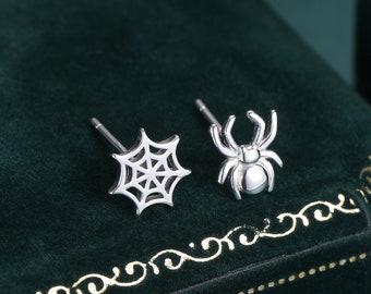 Mismatched Spider and Spider Web Stud Earrings in Sterling Silver, Silver or Gold,  Nature Inspired, Insect Earrings