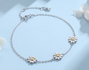 Daisy Flower Trio armband in Sterling Zilver, Daisy armband, Daisy Flower armband, bloemenarmband