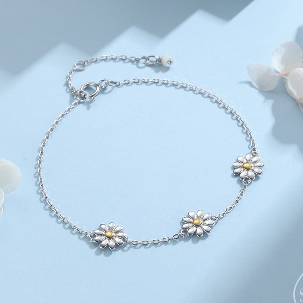 Bracelet Daisy Flower Trio en argent sterling, bracelet Daisy, bracelet fleur Daisy, bracelet fleur