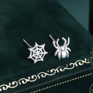 Mismatched Spider and Spider Web Stud Earrings in Sterling Silver, Silver or Gold,  Nature Inspired, Insect Earrings