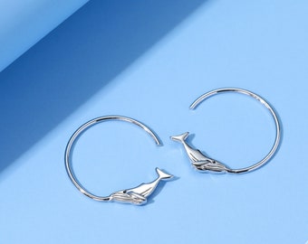 Whale Open Hoop Earrings in Sterling Silver, Silver or Gold, Minimalist Whale Earrings, Simple Whale Earrings