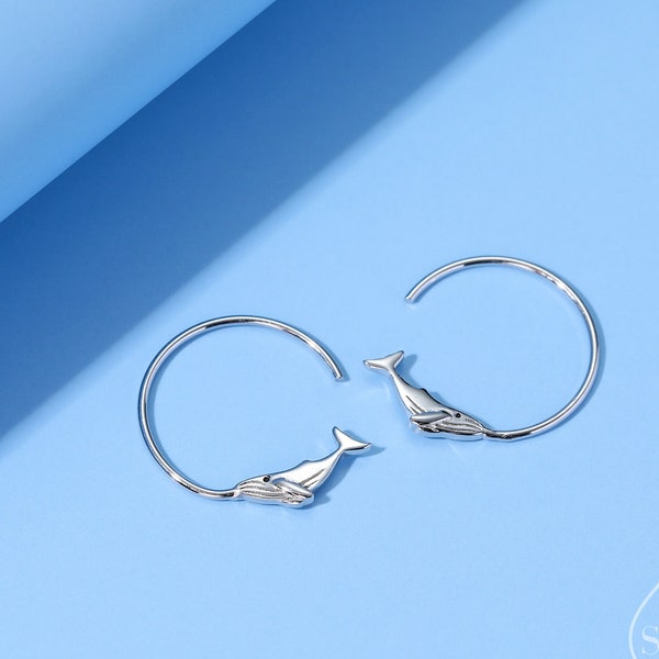 Whale Open Hoop Earrings in Sterling Silver, Silver or Gold, Minimalist Whale Earrings, Simple Whale Earrings