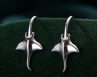 Sterling Silver Manta Ray Fish Drop Hook Earrings, Stingray Dangle Hoop Earrings, Dainty Fish Dangle Earrings